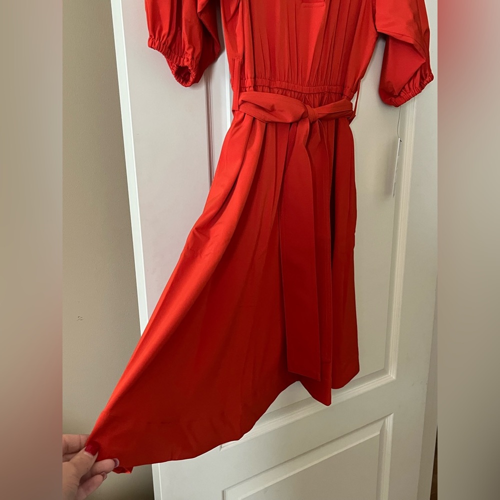 Calvin Klein Vibrant Reddish Orange Midi Dress with Waist Tie Women’s Size 4 - Picture 10 of 16